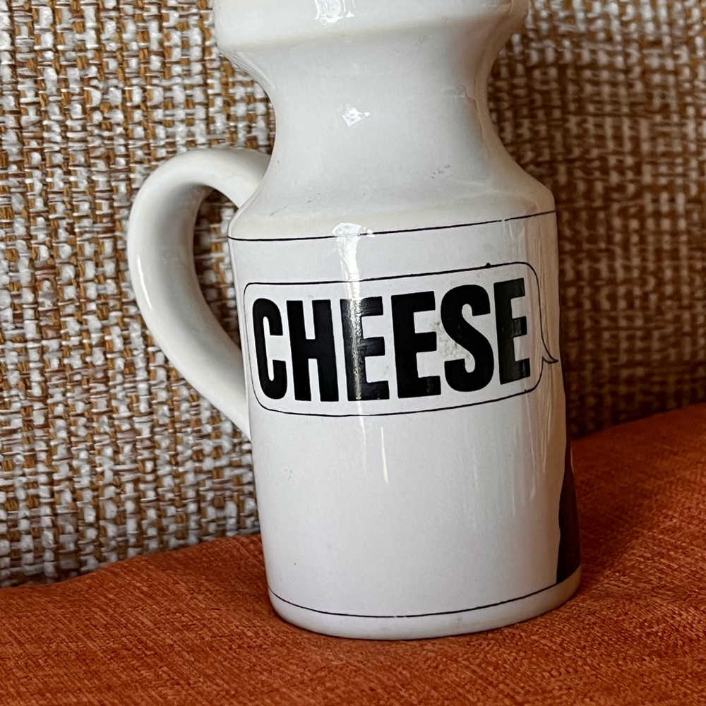 Vintage White ceramic cheese dispenser with Black Mona Lisa Print